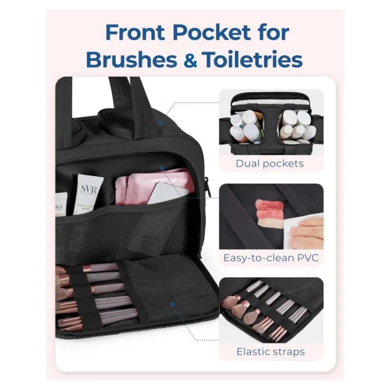 Lightweight large travel toiletry bag in a simple modern style with a wide opening.