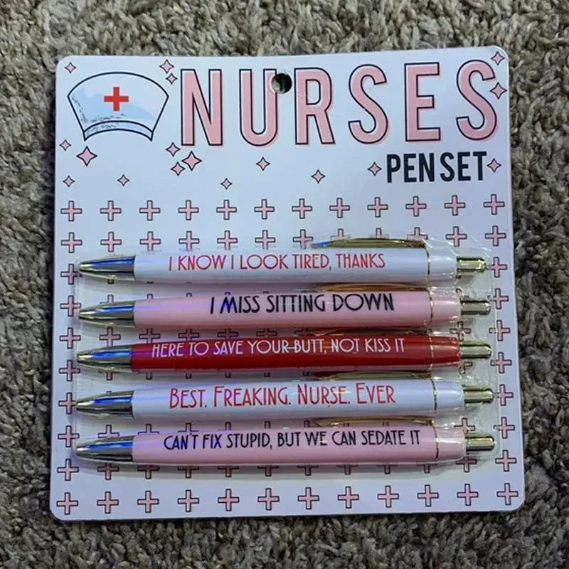 Set of five nurse theme retractable ballpoint pens with medical designs