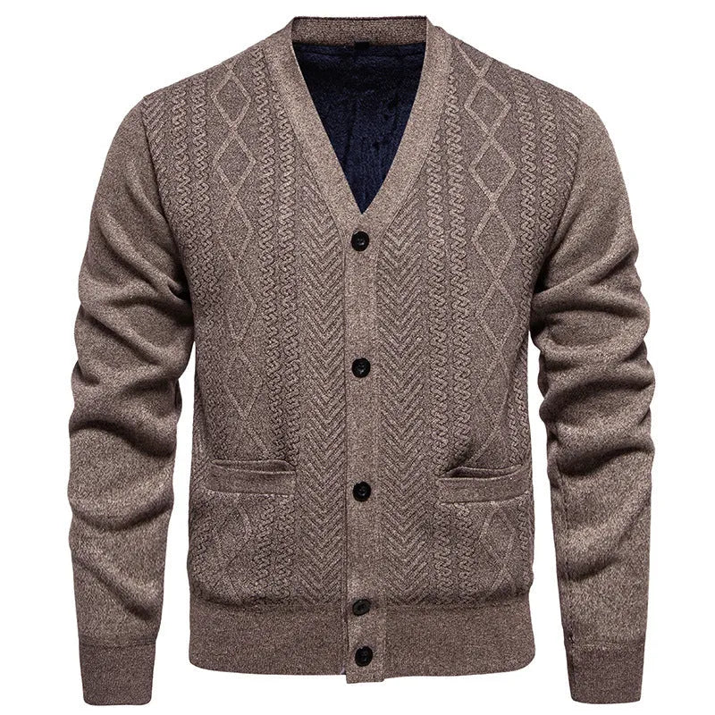 Men's striped cardigan sweater with wool lining in brown colour showing button-front design