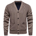 Men's striped cardigan sweater with wool lining in brown colour showing button-front design