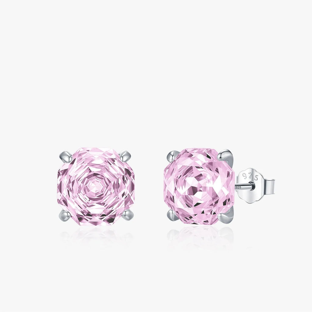 Close-up of pink rose-shaped stud earrings made from S925 sterling silver, shown on a plain background.