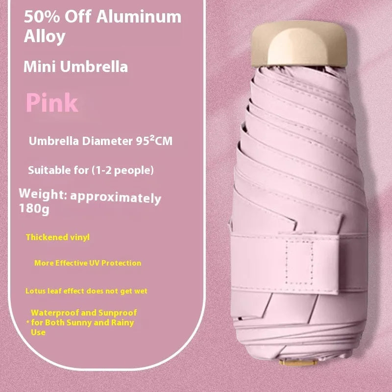 Closed five-fold manual umbrella showing one of eight colour options: beige, black, blue, dark green, navy blue, pink, yellow, or purple.