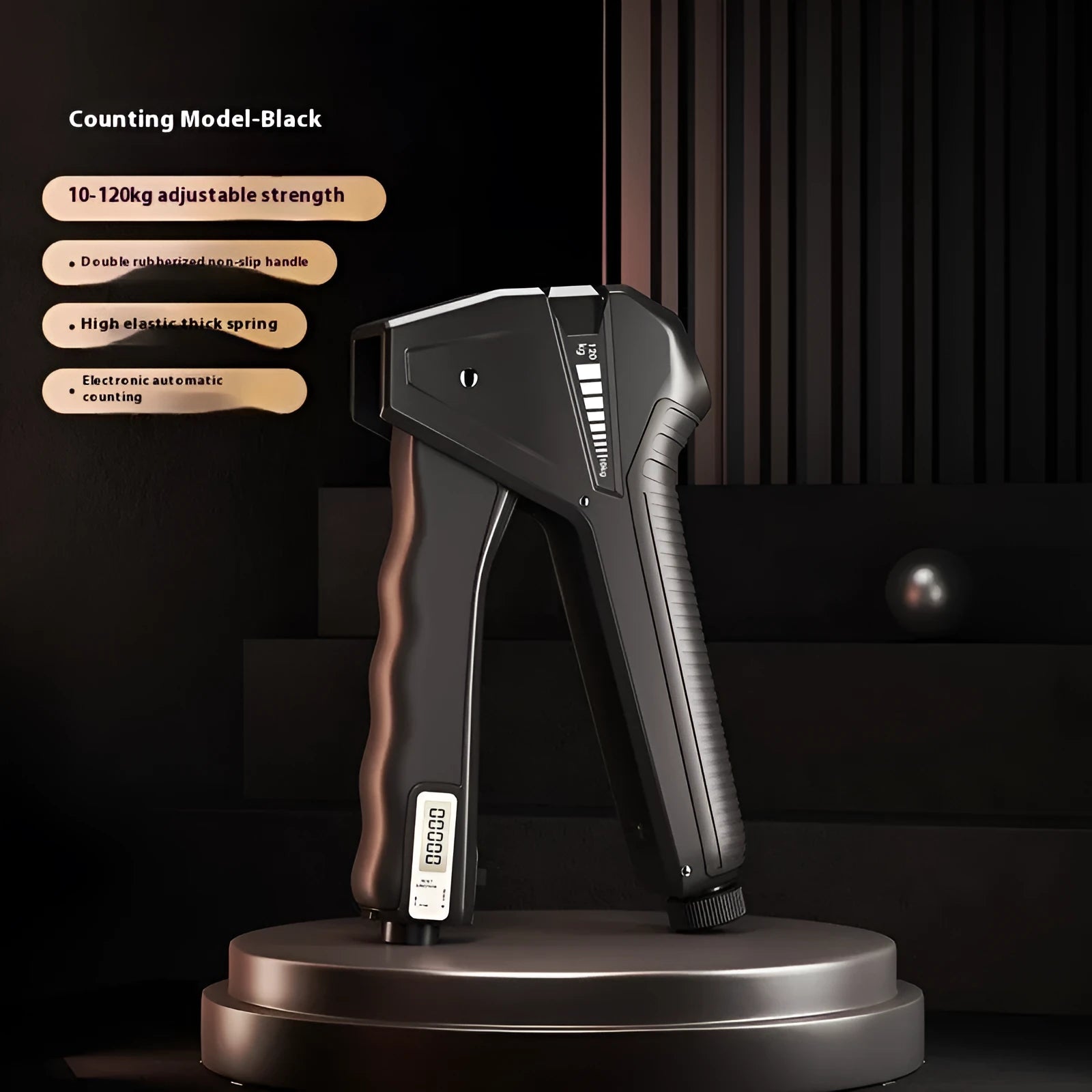 Adjustable hand gripper fitness equipment with mechanical counter on handle.