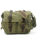Men's Army Green canvas crossbody shoulder bag with cowhide details and a postman flap.