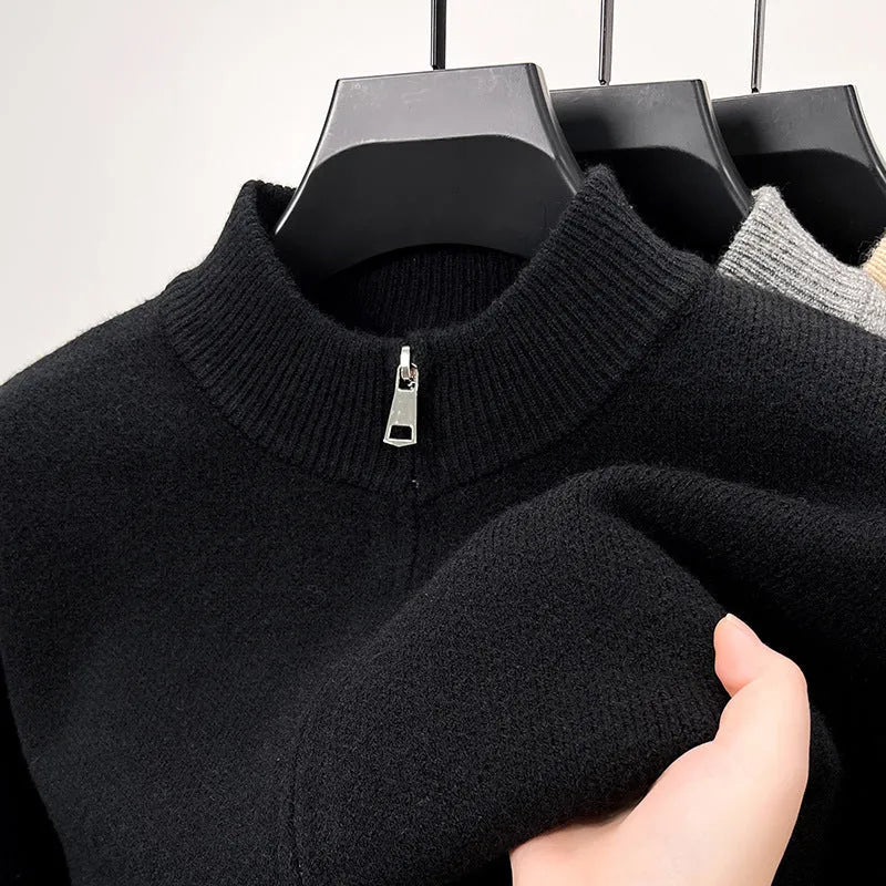 Men's loose fit grey stand collar cardigan with a full front zipper.