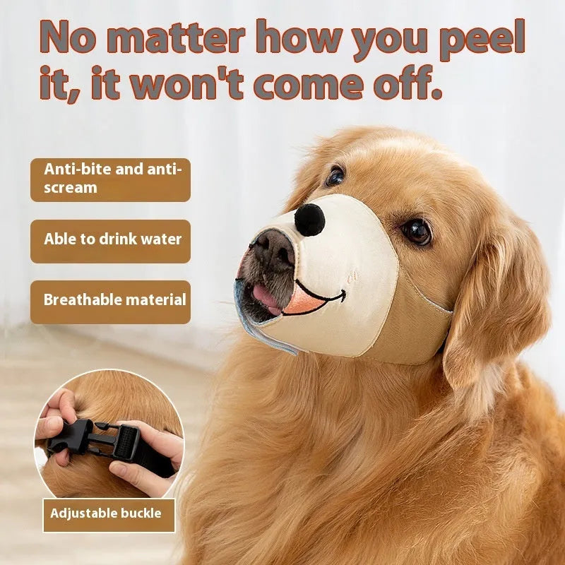 Canvas dog mouth cover in Ollie Brown Bear colour with weight-based sizing guide showing S, M, L, XL options