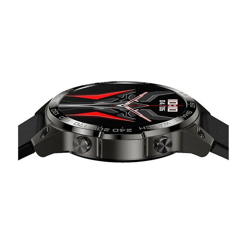 Bluetooth sports watch with round AMOLED display and silicone strap showing heart rate monitoring and call functions