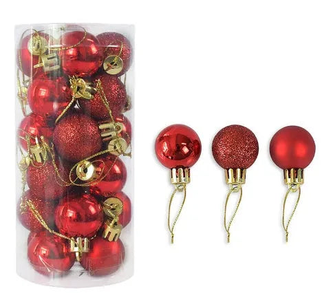 Shiny matte Christmas baubles in various colours showing 3cm diameter plastic electroplated decorations