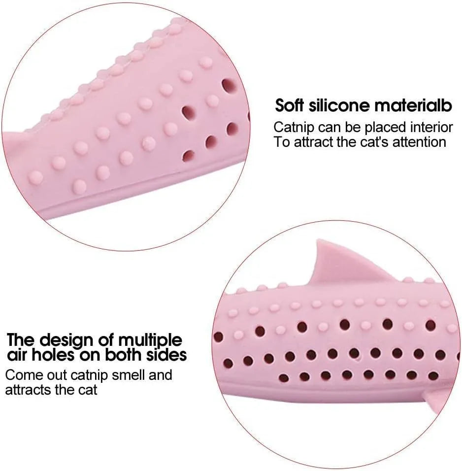 Green silicone fish-shaped cat chew toy with removable parts for catnip, shown on a white background.