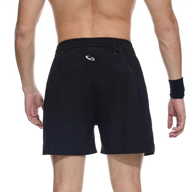 Men's four-point stretch running shorts with laser stitching in black or blue