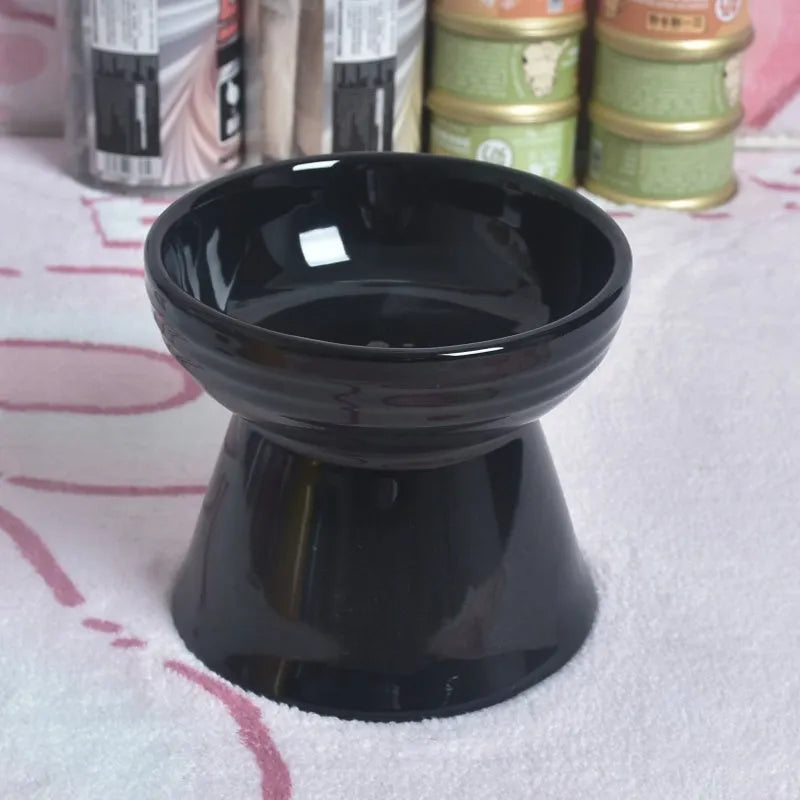 High-foot ceramic pet bowl with chin protector and anti-tumble base design