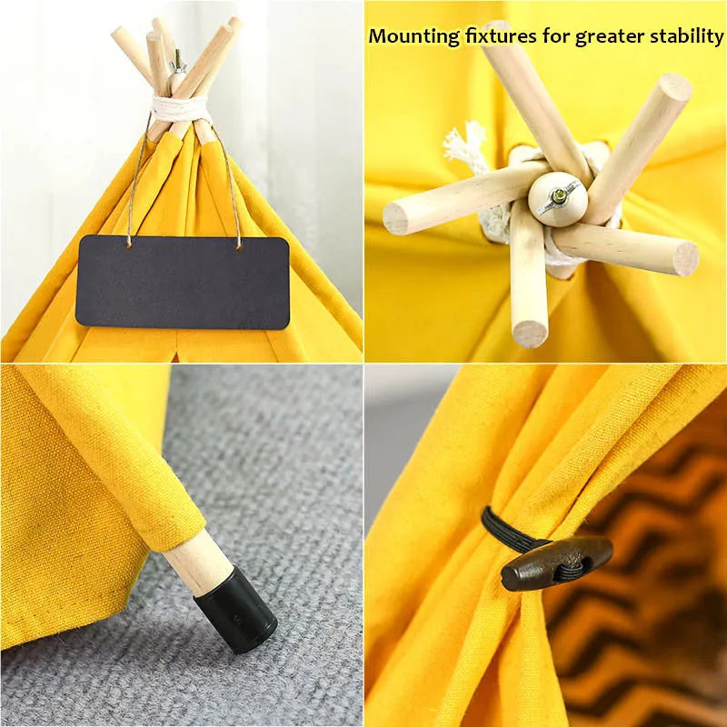 Portable pet teepee tent bed with striped pattern and cushion for small dogs cats rabbits