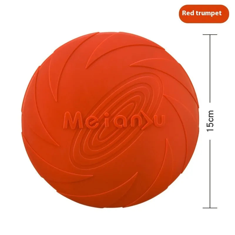 Soft rubber dog frisbee toy in blue, green, or red, shown in small, medium, and large sizes.