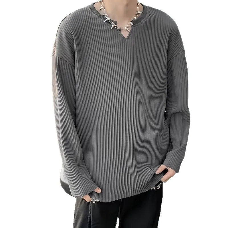 Loose fit long sleeve women's pullover with striped texture in grey