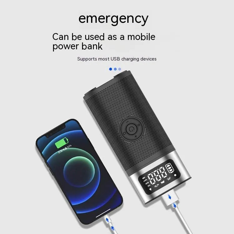 Black portable wireless smart vehicle air pump with LED light and USB cable