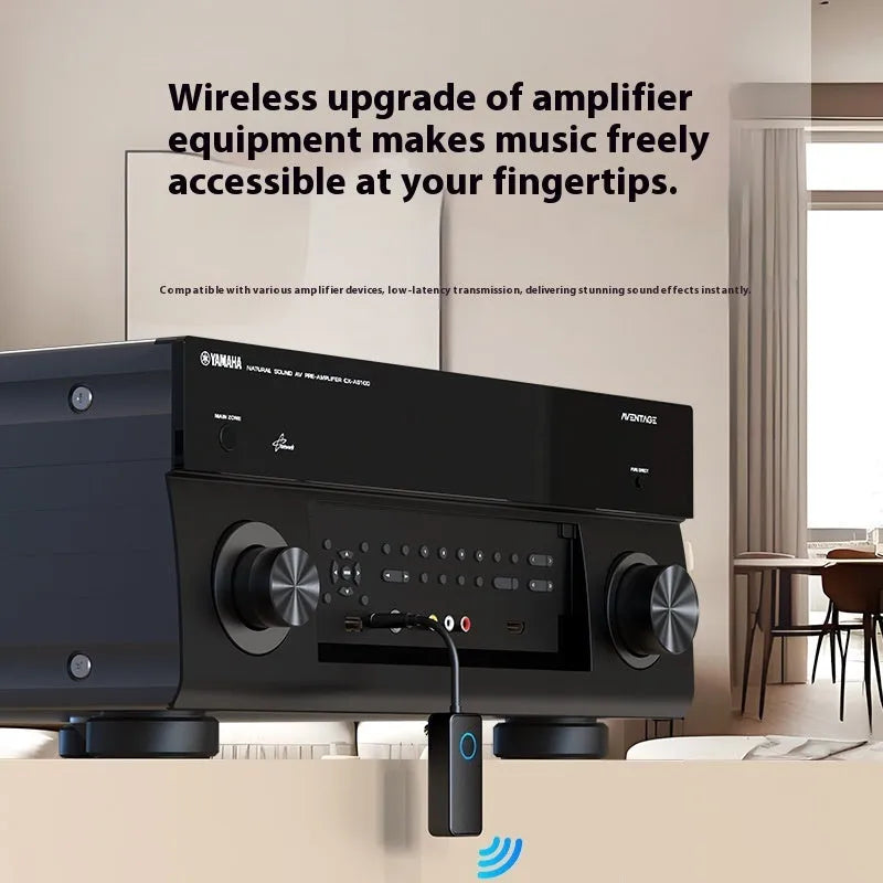 Black Bluetooth 5.4 audio adapter with 3.5mm plug for wireless streaming.