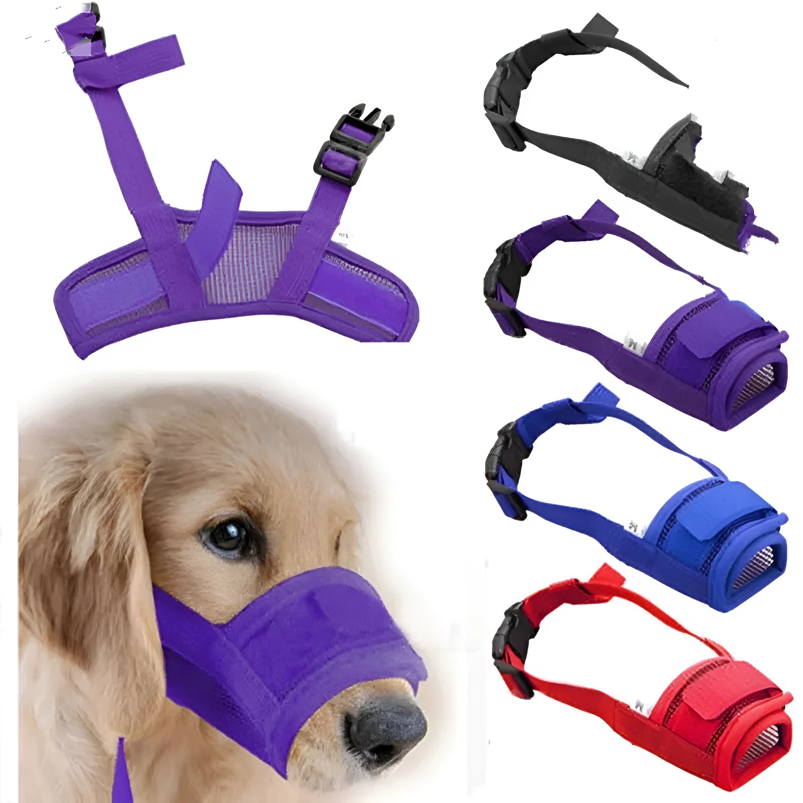 A black adjustable plastic mesh dog muzzle shown on a size chart with options for blue, pink, purple, and red.