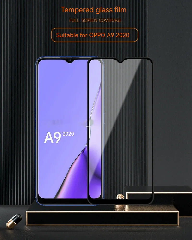 OPPO A9 2020 full glue black tempered glass screen protector shown on a phone.