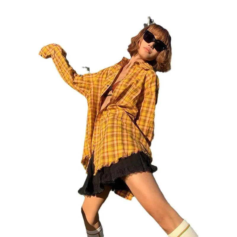 Dopamine yellow plaid loose cardigan shirt for men and women on hanger