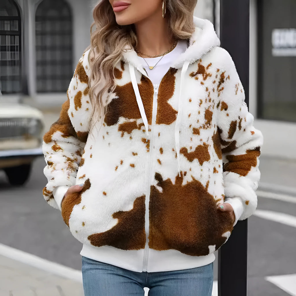 Yellow brown cow animal print hooded cardigan jacket with zipper closure