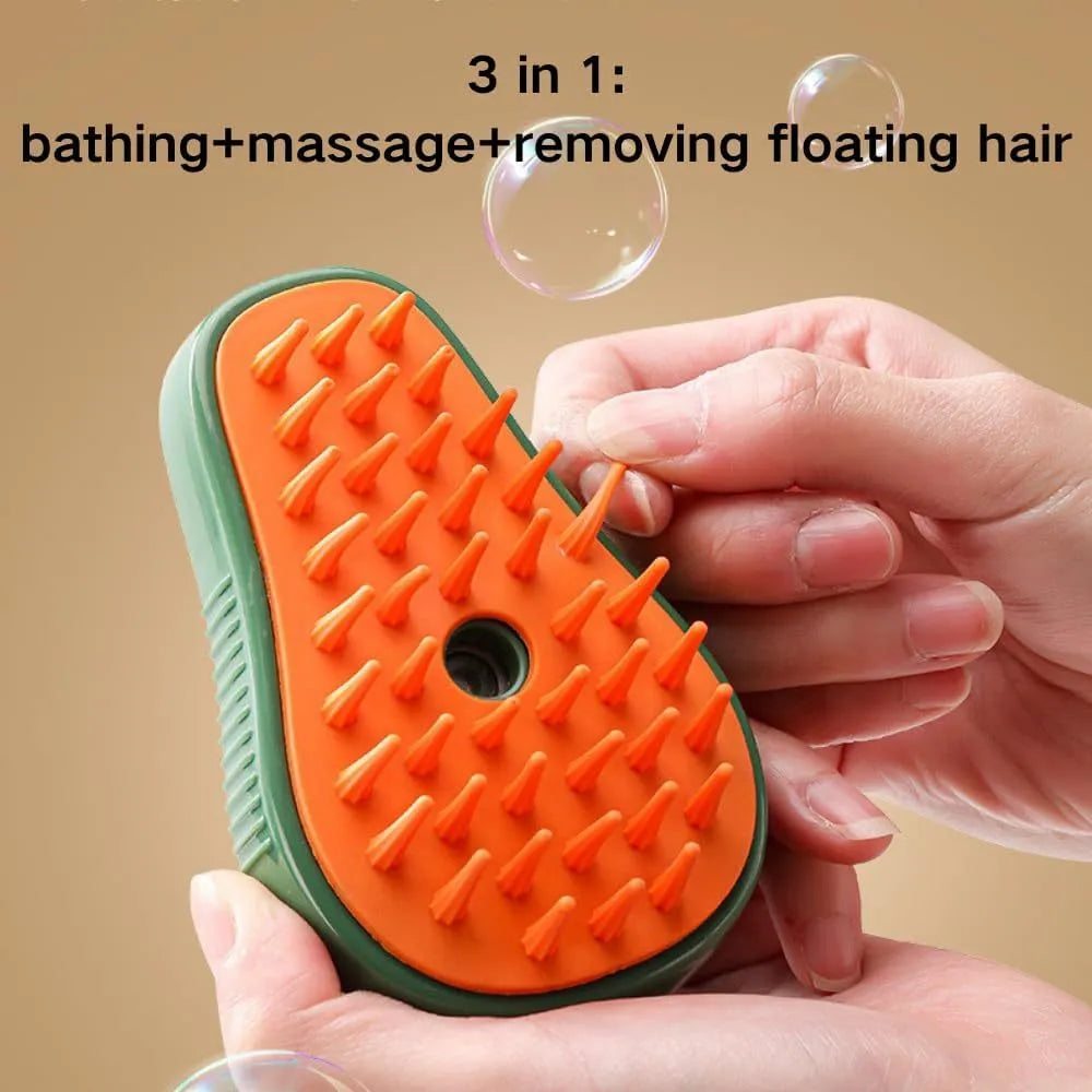 Green and white rechargeable cat steam brush with soft silicone teeth on a wooden table