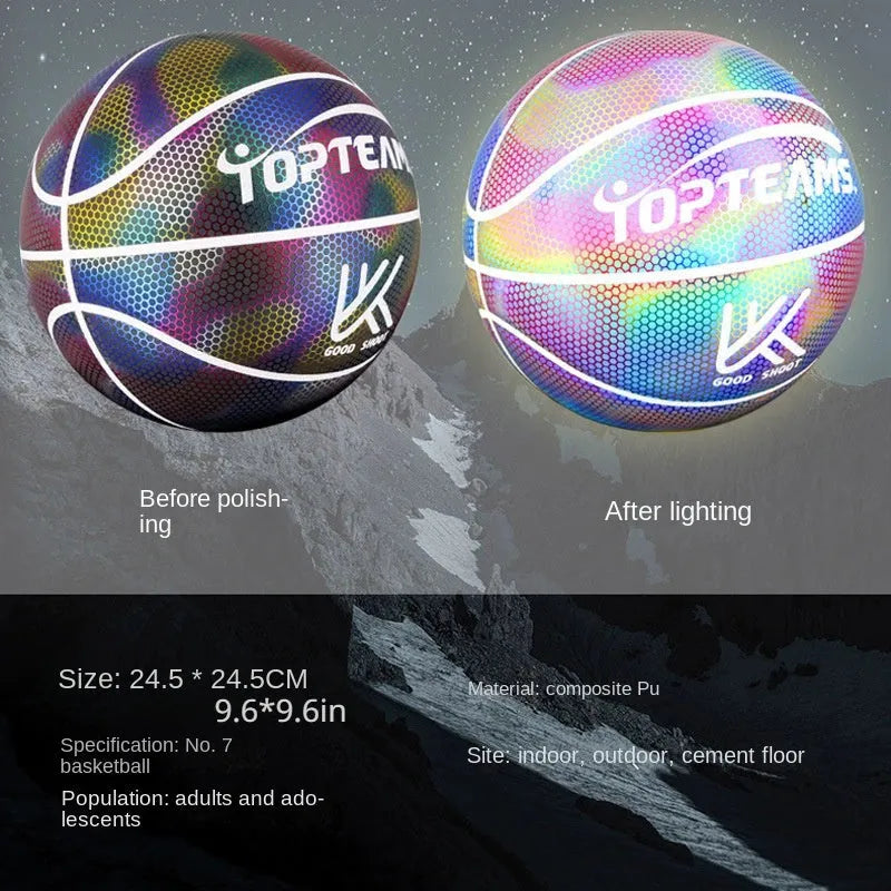 No. 7 holographic luminous reflective basketball with fluorescent design on court