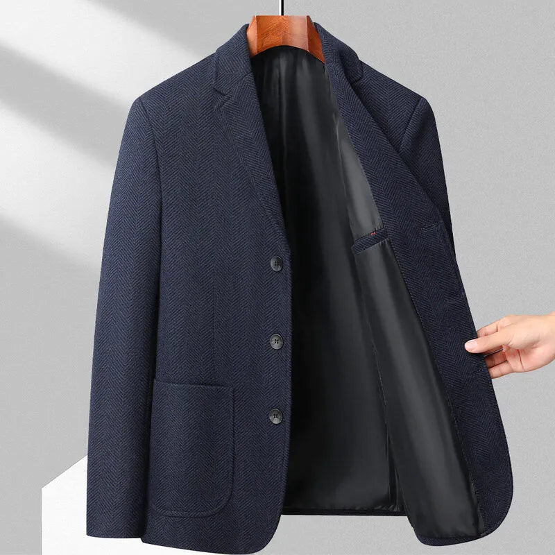 Men's loose-fit wool coat in solid colour with Asian sizing options for casual spring and autumn wear