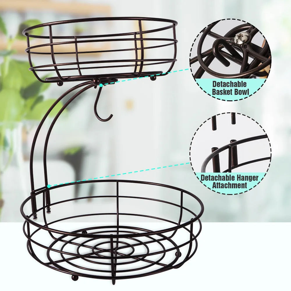 Black wrought iron double-layer fruit basket with two storage tiers for organising fruits and vegetables
