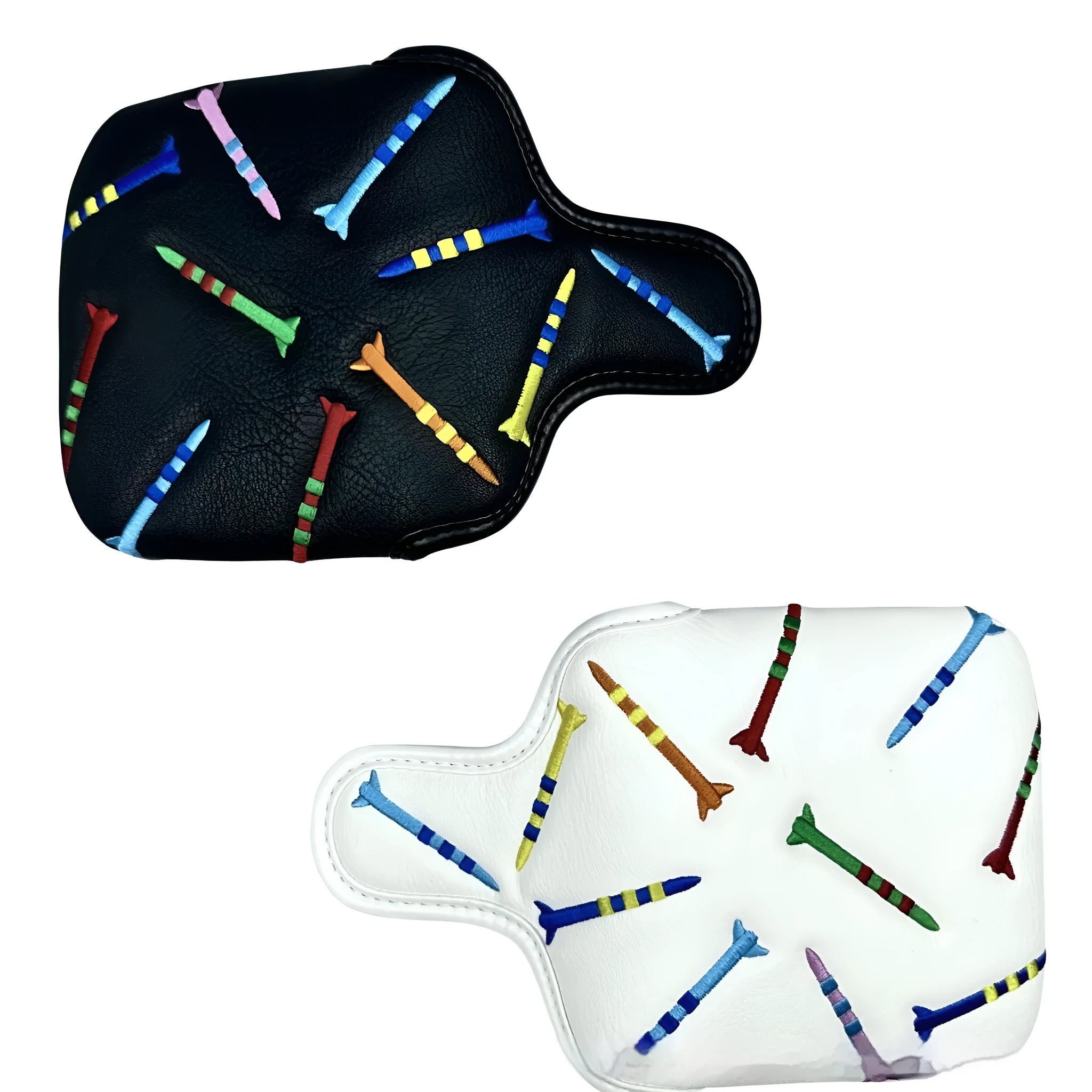 Black and white golf putter protective sleeve with rocket pattern square design