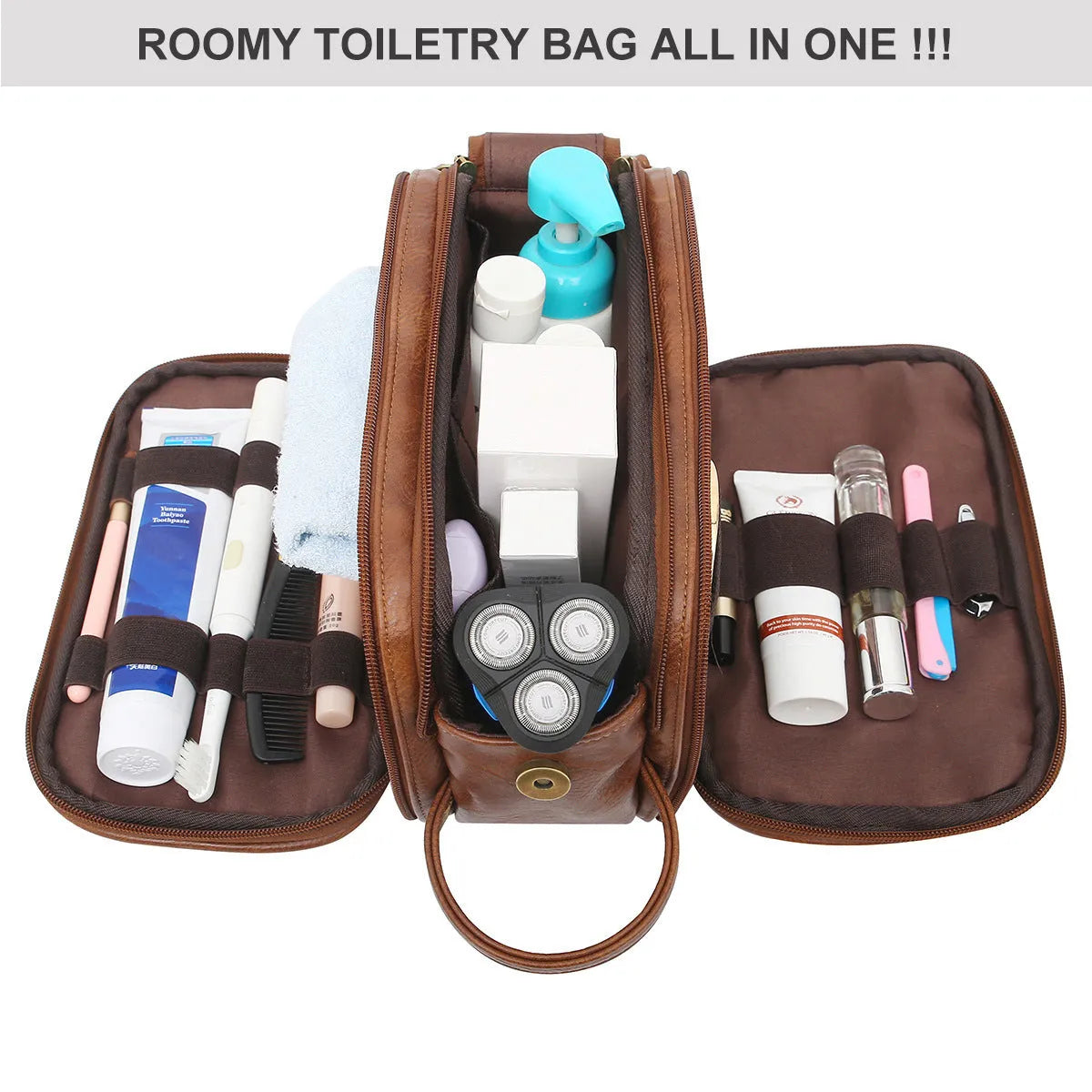 Men's black PU leather toiletry bag for travel storage of grooming essentials