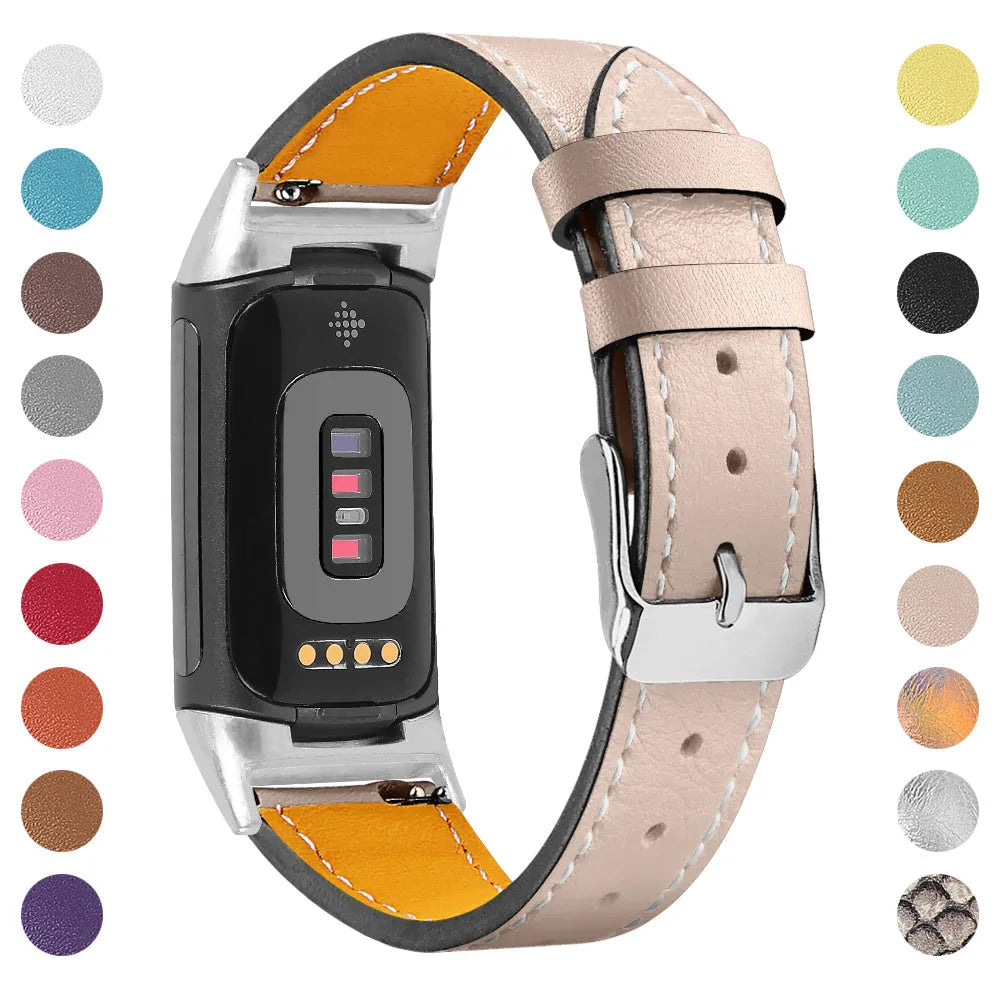Genuine leather strap for Fitbit Charge 5 and Charge 6 smartwatch in multiple colour options.