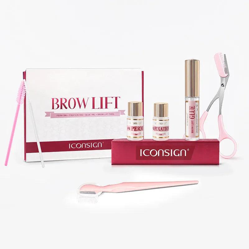 Pink eyebrow perm kit with suit style packaging containing eyebrow scalding and quick ironing tools