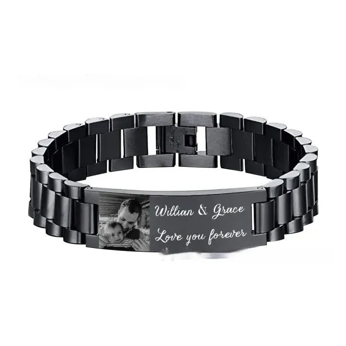 Titanium steel heart-shaped lettering bracelet with electroplated black lettering on curved piece