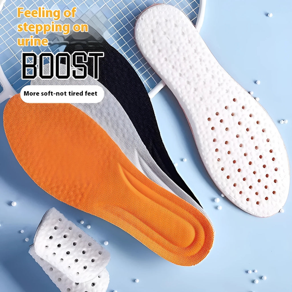 A pair of soft grey PU foam sports insoles with a trimmable edge design on a white background.