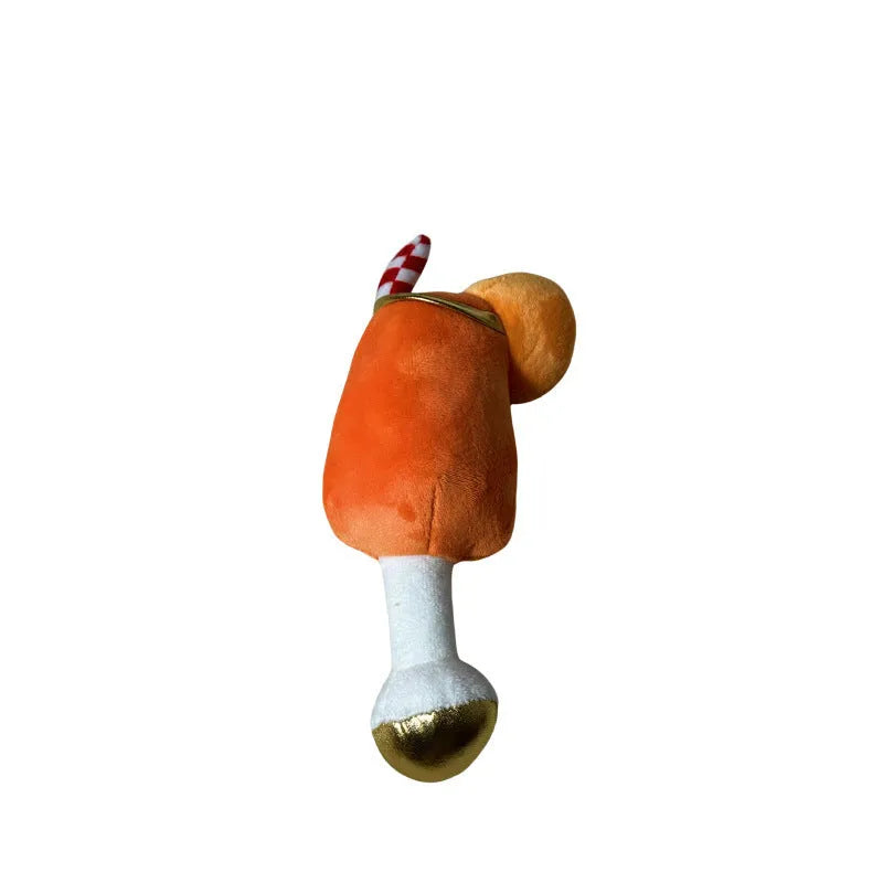 Yellow beer bottle squeaky dog toy with plush construction measuring 7x2.5x5cm