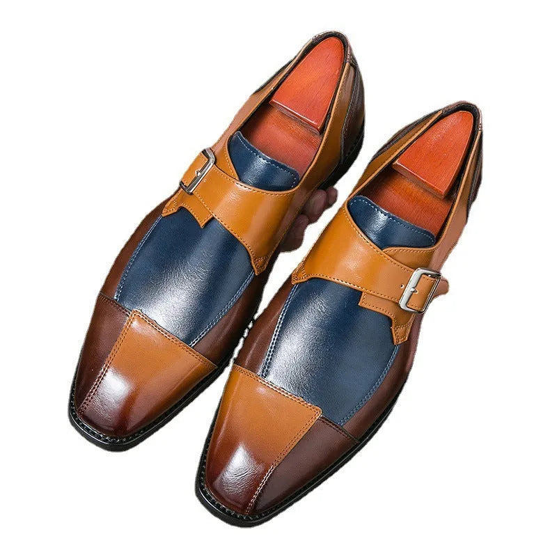 Men's brown blue retro buckle casual leather shoes with tall crown height.