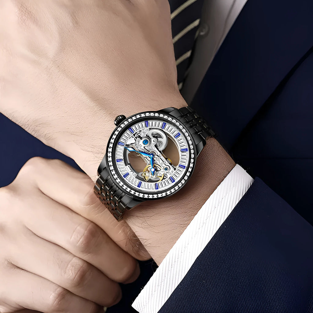Men's mechanical business watch with transparent case back, 12mm thickness, stainless steel strap and onion head crown