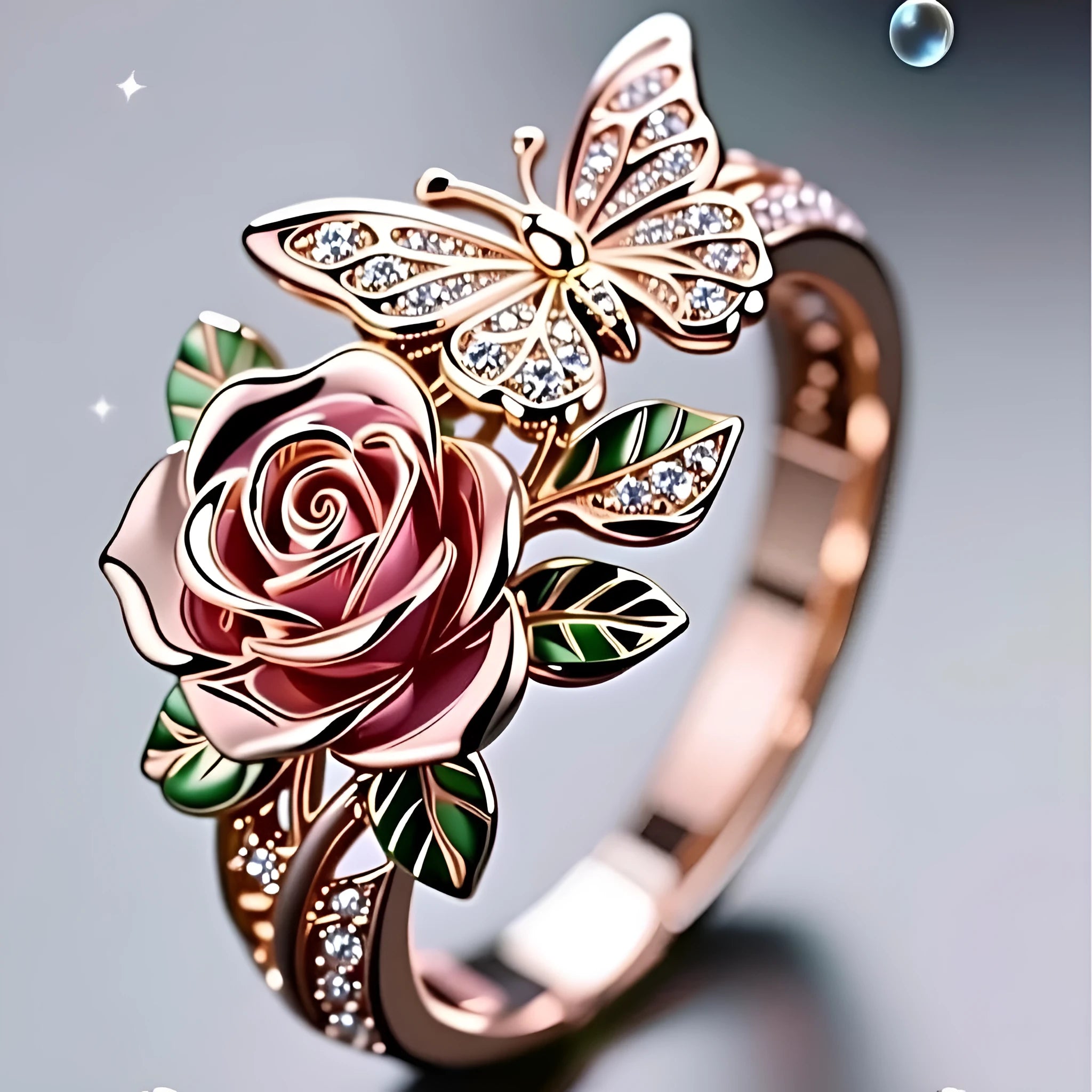 Adjustable oil drop butterfly ring with rose and floral design in alloy metal