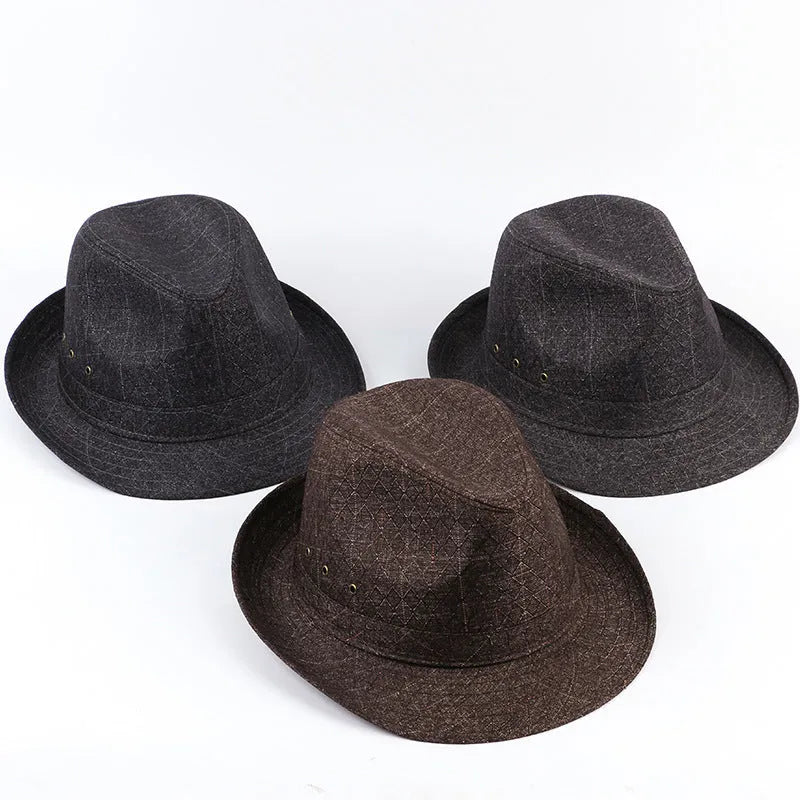 Men's classic fedora hat in suit material showing thickened construction and traditional silhouette