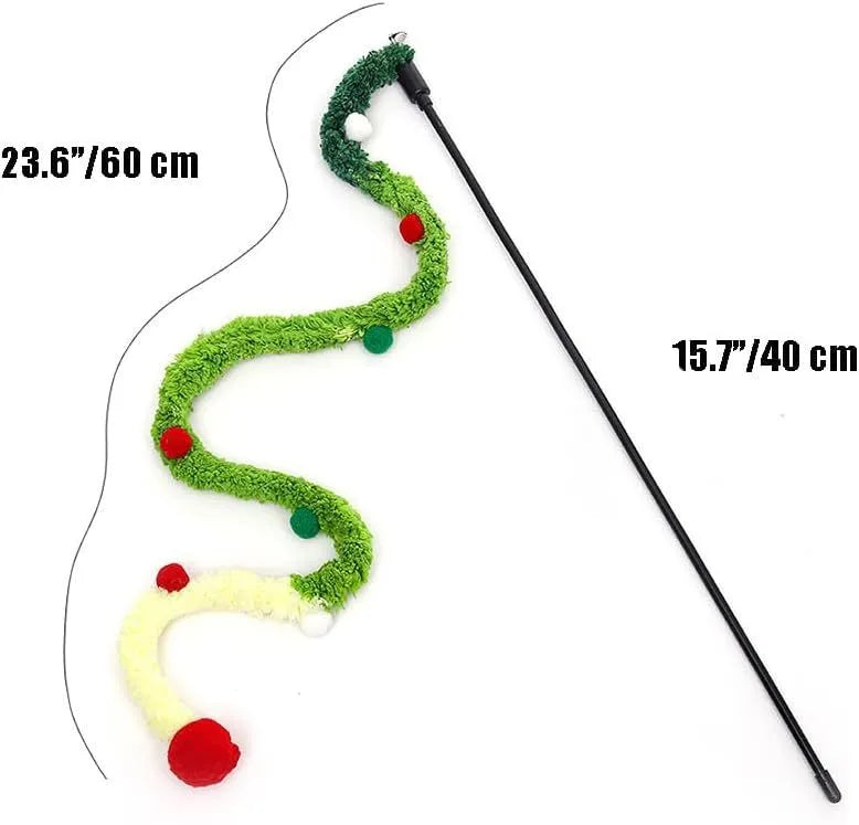 Blue cat wand toy with 41cm pole, 60cm plush strip, and colourful fluffy ball with bells