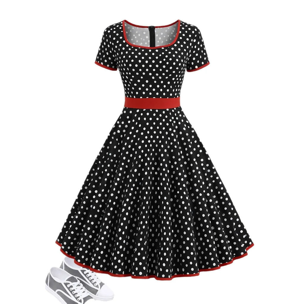 Multicolour polka dot pleated dress with a square collar and short sleeves.