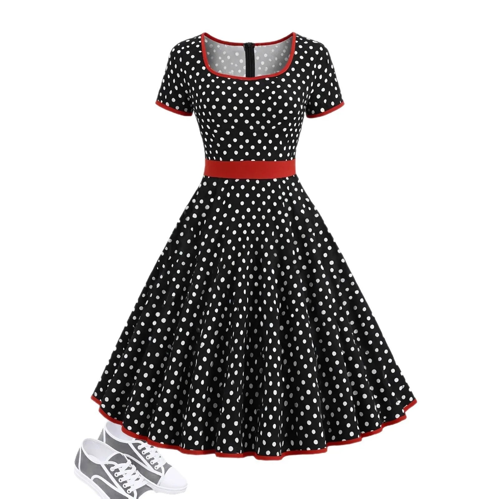 Multicolour polka dot pleated dress with a square collar and short sleeves.