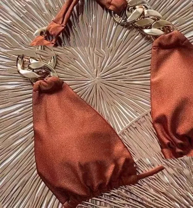 Brown tube-top push-up bikini swimsuit with ring tether detailing for women