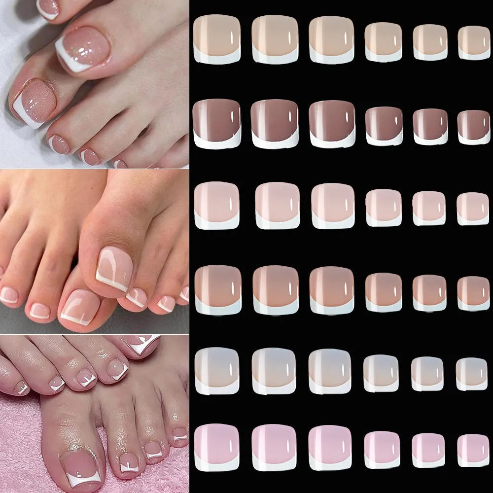 Open box showing 120 French style toe nail pieces with white tips in various nude colours.