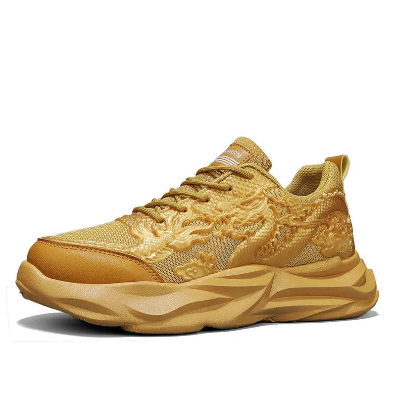 Casual Loong breathable sneakers in a dragon pattern colourway with a fly knit upper and rubber sole.