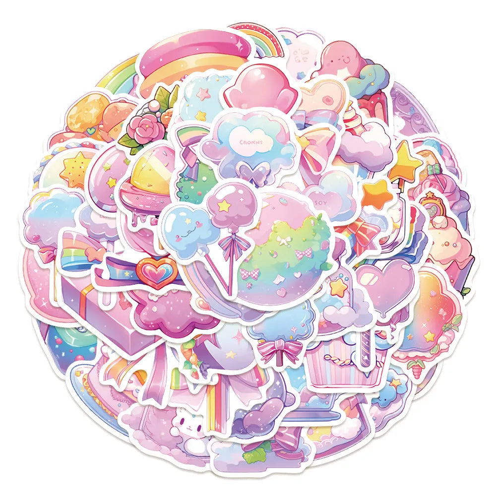 Pack of 50 colourful cute candy and small object waterproof stickers ranging from 4cm to 7cm in size.