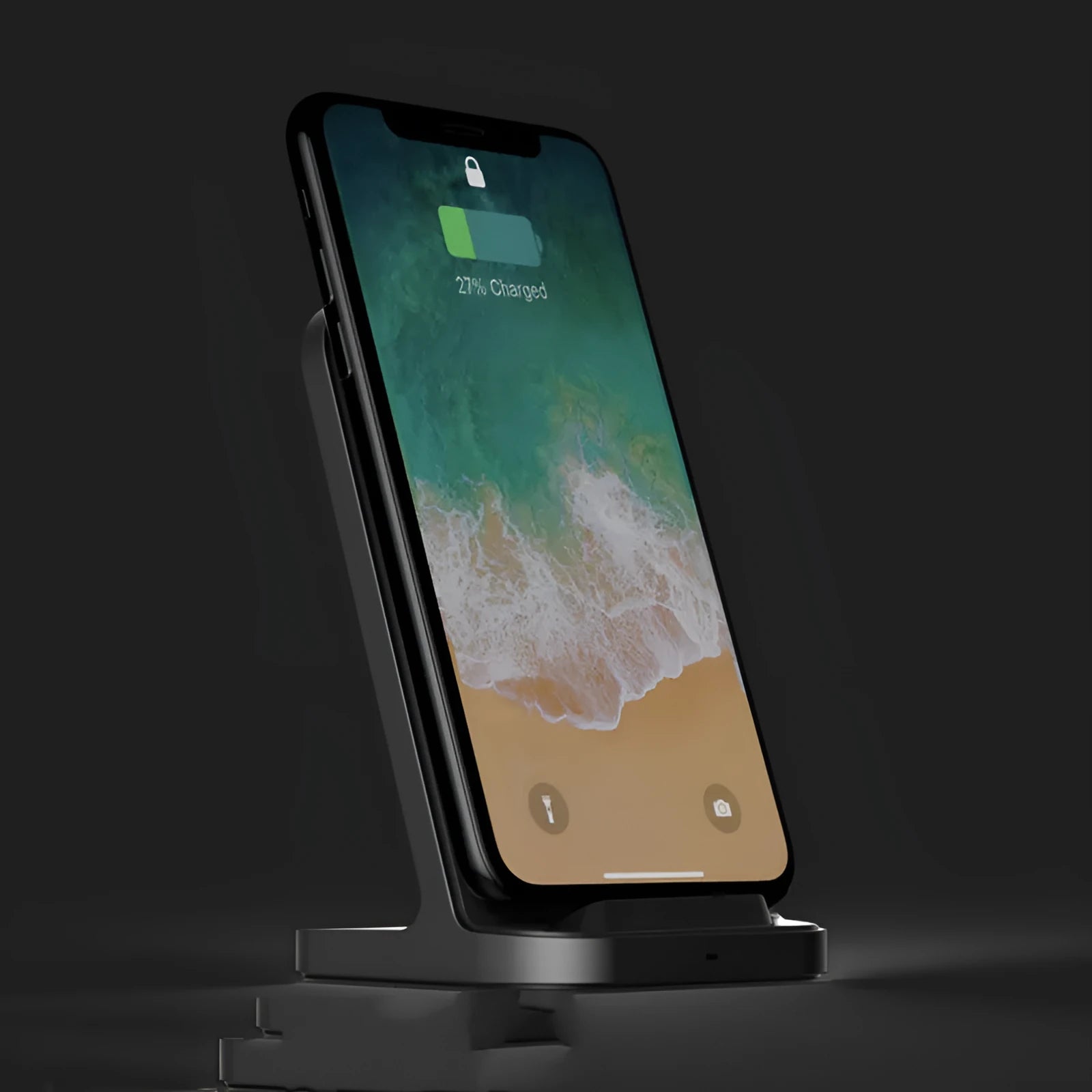 Dark grey vertical wireless charging stand for Apple iPhone on desktop