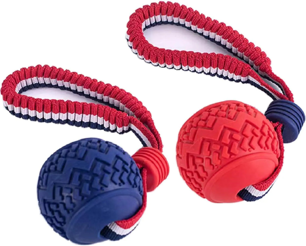 Blue rubber dog ball with rope attachment measuring 29cm long for small breed dogs