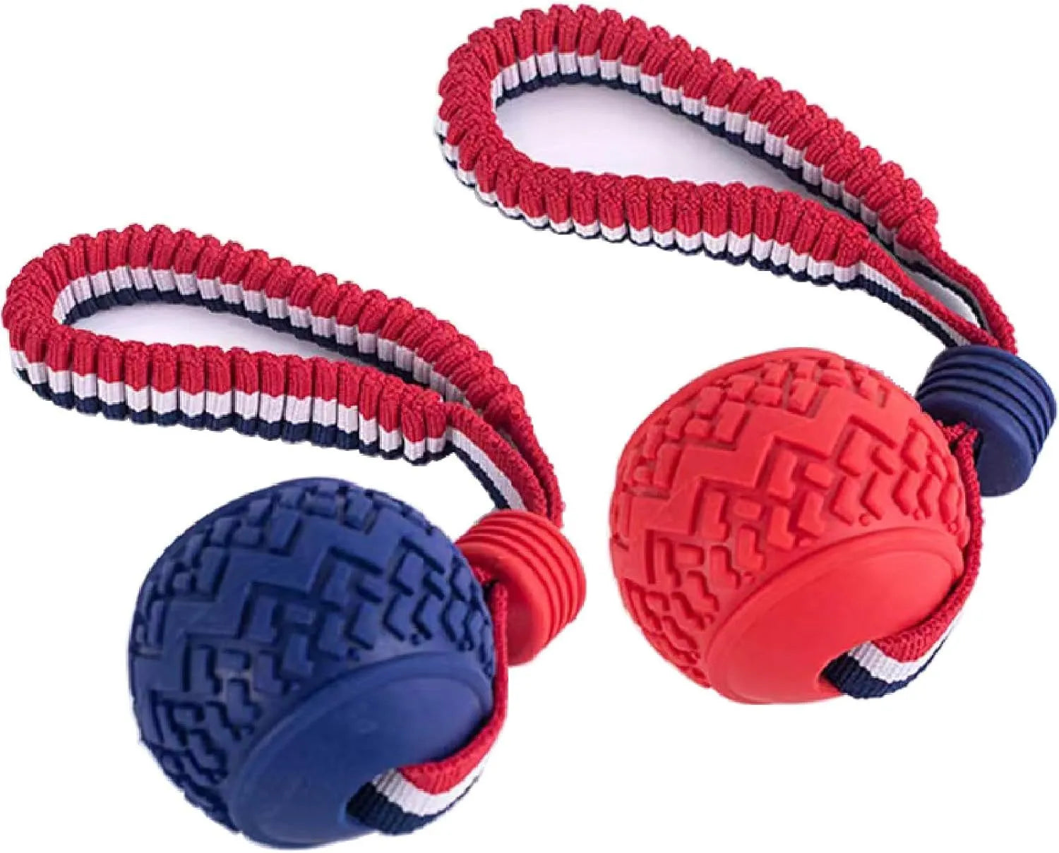 Blue rubber dog ball with rope attachment measuring 29cm long for small breed dogs