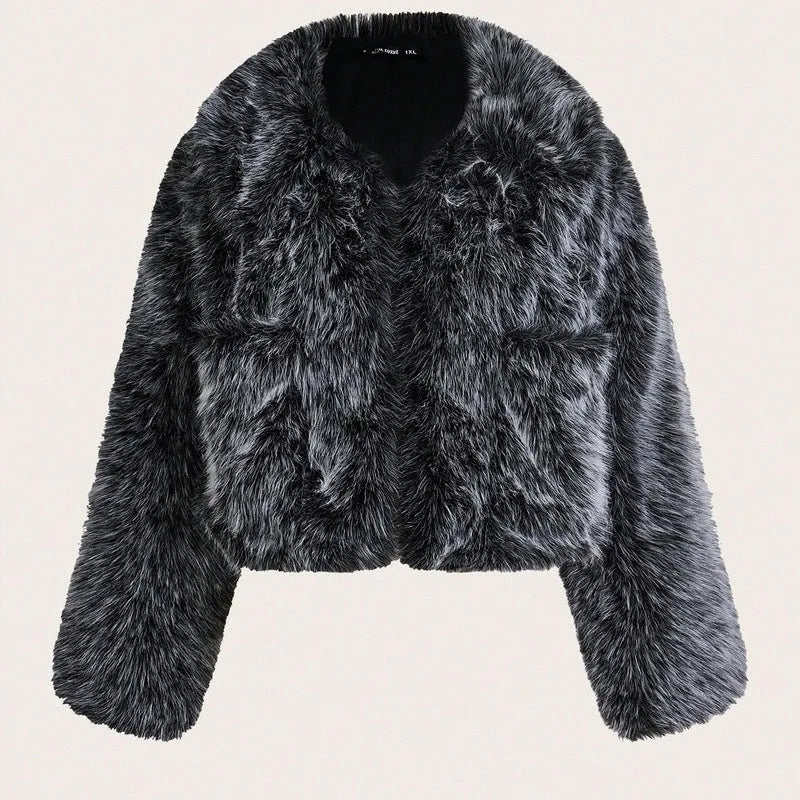 Artificial fur coat with fur collar in short 40cm length showing black tip on black colour variation